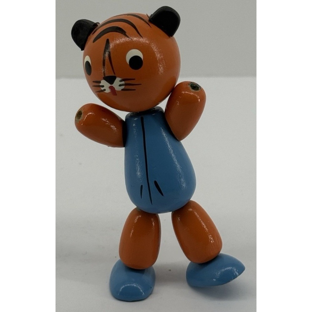 Vintage Russian Wooden Jointed Tiger Figurine Hand Painted Blue Orange Toy
